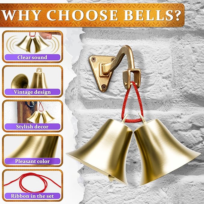 2 Pcs Bells for Door Knob – Hanging Bell for Door Opening 2″ × 1.8″ Vintage Brass with Hanging Loop, Clear Ringing Sound for Home Entry & Office Decorative – Small Bell for DIY Crafts & Holiday Decor