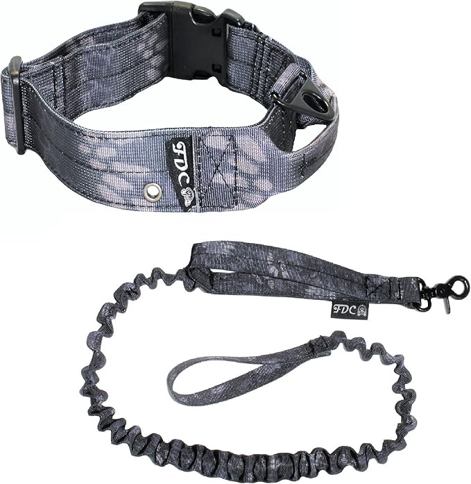 FDC Dog Tactical Collar with Leash Bungee Handle Heavy Duty Training Military Army Molle Width 1.5in Plastic Buckle TAG Hole Medium Large M, L, XL, XXL (M: Neck 12" - 14", Camo Black)