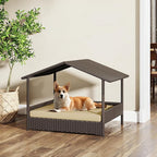 Yaheetech Wicker Dog House Outdoor Indoor with Canopy, Elevated Dog Shelter Dog Bed with Cushion for Small/Medium Dogs, Shade for Deck, Patio, Yard, Pool Brown House, Khaki Cushion