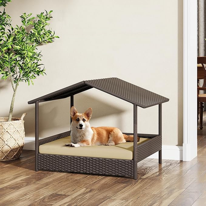 Yaheetech Wicker Dog House Outdoor Indoor with Canopy, Elevated Dog Shelter Dog Bed with Cushion for Small/Medium Dogs, Shade for Deck, Patio, Yard, Pool Brown House, Khaki Cushion