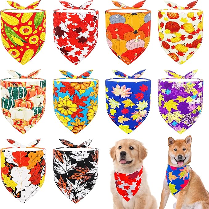 10PCS Large Dog Bandanas Fall for Medium Breed Dog Pumpin Harvest Leaves Forest Autumn Pattern Kerchief Triangle Bibs Head Scarves Boys and Girls Grooming Accessories Costume