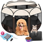 Dog Playpen 36", HOMAGICO Pet Playpen for Indoor Cats Enclosed, Portable Dog Cage Outdoor Tent Crate with Carrying Case,Water-Resistant and Removable Shade Cover,Brown