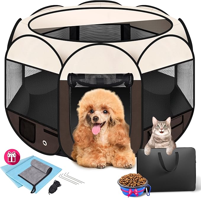 Dog Playpen 36", HOMAGICO Pet Playpen for Indoor Cats Enclosed, Portable Dog Cage Outdoor Tent Crate with Carrying Case,Water-Resistant and Removable Shade Cover,Brown