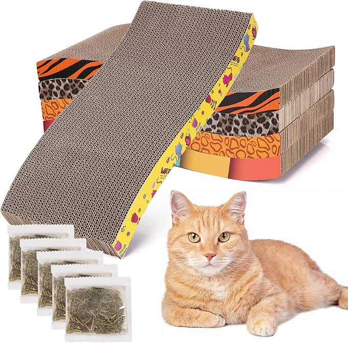 5 Pcs Multicolor Printed Cat Scratcher Pads with Catnip – Eco-Friendly Corrugated S-Shape Scratch Boards, Reversible, Heavy Duty for Indoor Cats & Furniture Protection
