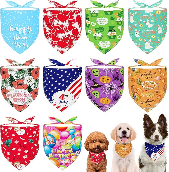 10PCS/Pack Holiday Dog Bandanas for Large XL XXL Breed Dog Easter 4th of July Birthday Halloween Christmas Thanksgiving New YearTriangle Scarf Festival Costume