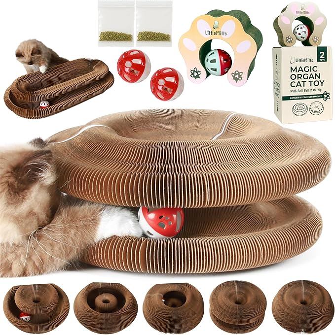 2X Magic Organ Cat Scratcher Board Toy with Bell Ball and Catnip - Longer, Stretchier Accordion Cardboard Scratching Pad with 4 Strong Magnets - Interactive Fun and Enrichment for Indoor Cats