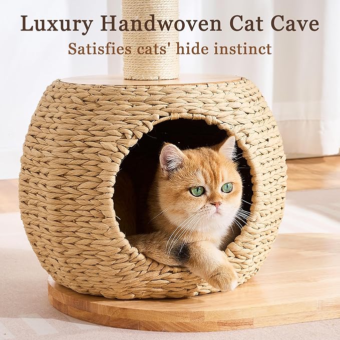 Modern Solid Wood Cat Tree Tower for Indoor Cats Large Adult, 38 inch Corner Cat Tree with Handmade Rattan Cat Bed, Luxury Aesthetic Cat Tree with Rattan Cave, Space Capsule, Groomer, Scratching Post