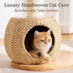 Modern Solid Wood Cat Tree Tower for Indoor Cats Large Adult, 38 inch Corner Cat Tree with Handmade Rattan Cat Bed, Luxury Aesthetic Cat Tree with Rattan Cave, Space Capsule, Groomer, Scratching Post