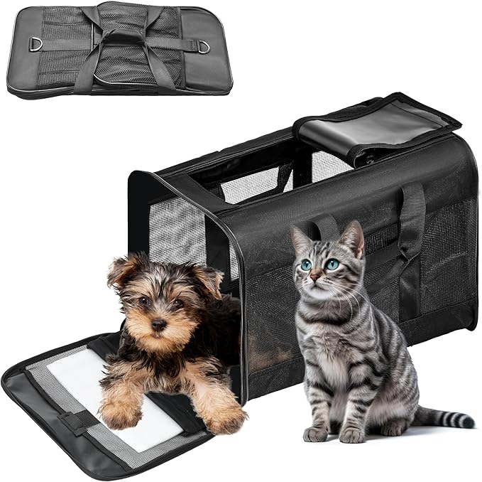 FluffyDream Pet Travel Carrier Soft Sided Portable Bag for Cats, Small Dogs, Kittens or Puppies, Collapsible, Durable, Airline Approved, Travel Friendly, Carry Your Pet with You Safely and Comfortably