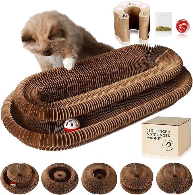 Magic Organ Cat Scratcher with Bell Ball and Catnip - Longer, Stretchier Accordion Cardboard Scratching Pad with 4 Strong Magnets - Interactive Kitty Kurlz Cat Toy