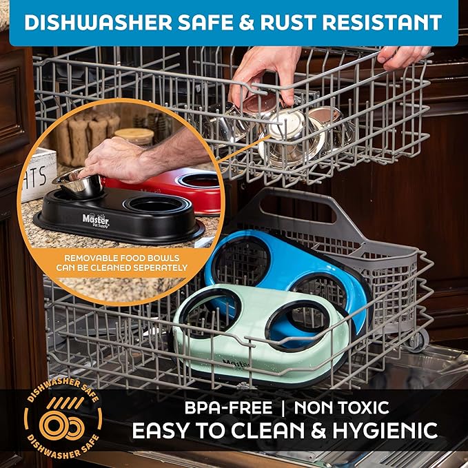 Master Pet Supply Double Dog Bowls Set with Elevated Base and 2 (8 oz) Stainless Steel Removable Dishes (Aqua Sky) – Double Cat Food Water Bowl, Dog Puppy Food Bowl Set, Rust Resistant