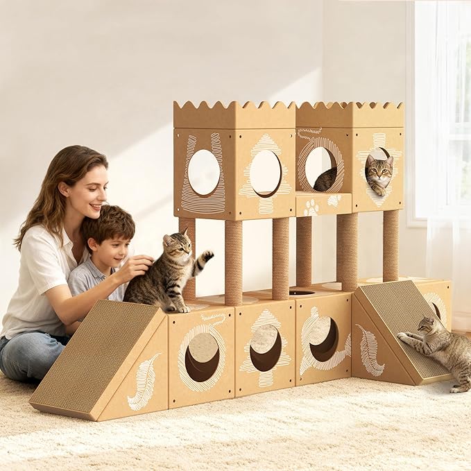 DIY Cardboard Cat House with Scratching Posts, Scratching Board, Multi-Level Cat Tower Playhouse & Tunnel for Kittens & Adult Cats, Recyclable 61.02″ × 36.61″ × 40.2″, Kraft Brown