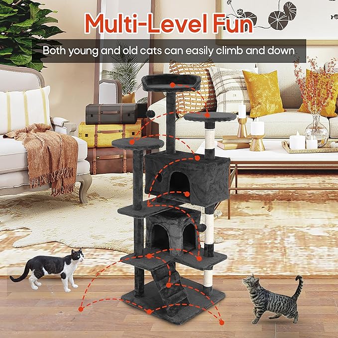 24/7 Shop at Home Court 54 inch Multi-Level Cute Cat Tree Tower with Dangling Ball and Scratching Posts for Indoor Cats Adults, Kitten Supplies, Pet House, Dark Gray