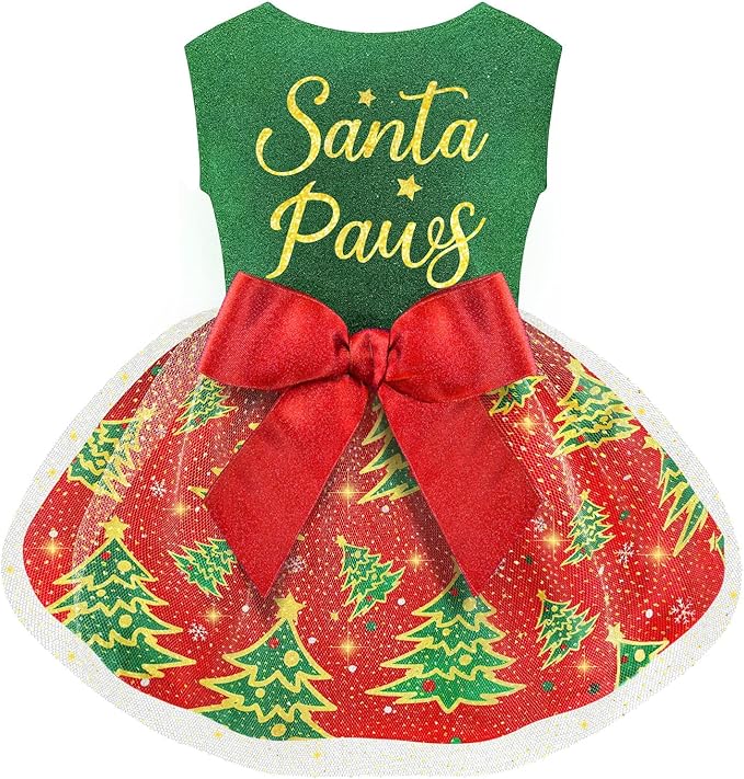 Dog Christmas Outfit Cute Dog Christmas Dress with Bowknot Tulle Puppy Clothes for Small Medium Dogs Cats Boys Girls Pet Costume