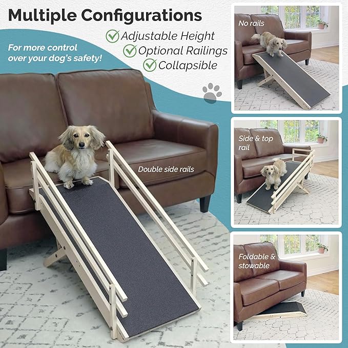 DoggoRamps Dog Ramp for Couch with Safety Rails - Adjustable from 14" to 21" with Anti-Slip PAWGRIP & Convenient Platform Top - for Small Dogs up to 150lbs - Made of Solid Hardwood in North America