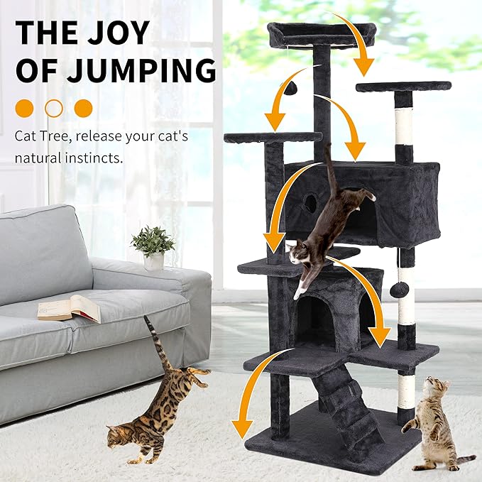 BLKMTY Cat Tree 70" Tall Cats Tower Large Cat Condo Climber Cats Climbing Stand with Top Perches Playhouse and Climbing Ladder Kitty Activity Tree w/Scratching Post Toys, Dark Gray
