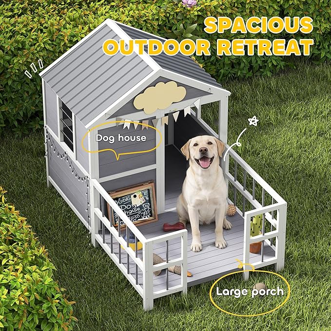 PawHut Dog House Outdoor Indoor, 61" x 41" x 47" Wooden Dog Shelter with Porch, Weatherproof Roof, Elevated Floor, Air Vents & Observation Windows, Large Pet Shelter for Small Medium Large Breeds