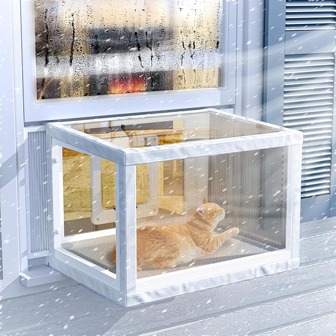 GDLF Winter Cat Window Box – Cat Window Perch Catio with Windproof Cover & Door, Fits 24.3–38.8" Openings (Min Height 16")