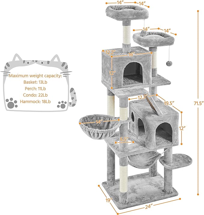 Topeakmart 71.5 inch Cat Tree Tower, Cat Furniture w/ 2 Condos, 2 Perches, 2 Hanging Balls Pet Stand House with Basket and Hammock for Indoor Cats and Kittens, Light Gray