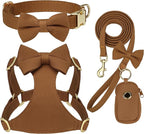 Beirui Adorable Small Dog Harness Collar and Leash Set,Cute Puppy Harness Set with 3 Bows for Small Dogs,Shih Tzu,Dachshund,Adjustable Step-in Vest for Daily Walking,Parties&Holiday Outfits(Brown,S)