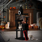 64" Gothic Cat Tree with Coffin Bed, Multi-Level Tall Black Cat Tower Cats with Top Perch, Spacious Condos, Spider Hanging Balls, Scratching Post and Ladder for Large Cats 22 lbs, Black & Red