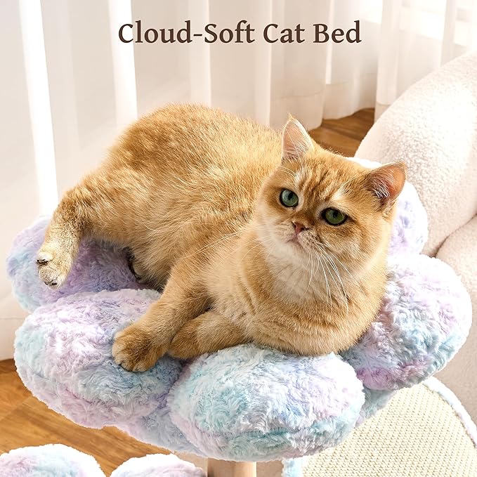Modern Natural Solid Wood Cat Tree Tower for Indoor Cats Large Adult, 30 inch Flower Cat Tree with Scratching Post, Luxury Aesthetic Cat Tree with Cloud-Soft Flower Perches and Sisal Scratching Pad