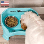 Neater Feeder Deluxe Mess-Proof Elevated Dog Bowls for Medium Dogs (19–40 lbs), 2 Height Adjustable (10” & 12.5”) No-Spill Raised Dog Bowl Stand, Stainless Steel Food Bowl Set, Made in USA, Aquamarine