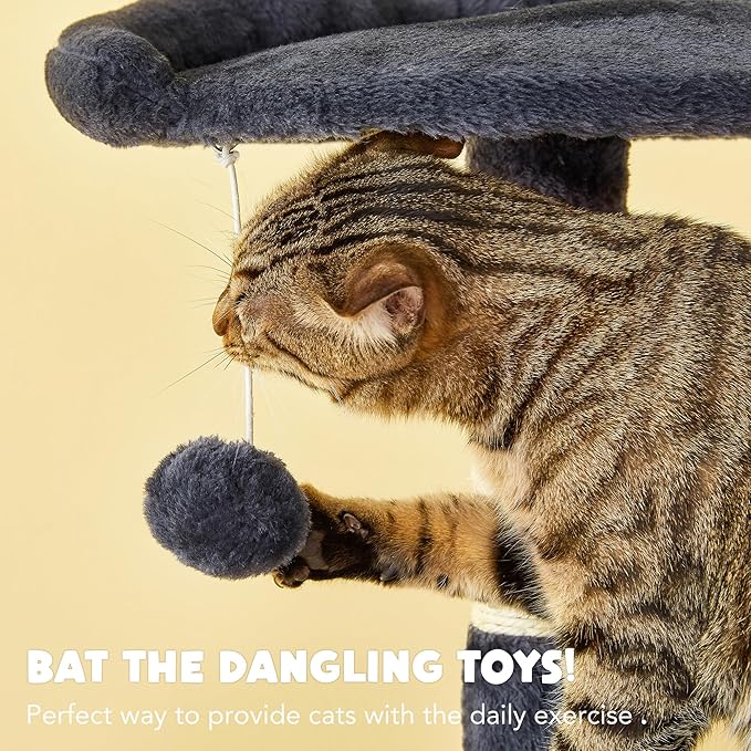 Cat Tree for Indoor Cats - Tall Multi-Level Cat Tower with Condos, Sisal Scratching Posts and Hammock, Top Perch with Dangling Toys for Large Cats and Kittens, Smoky Grey