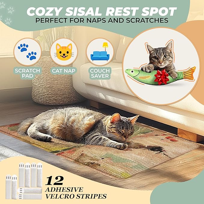 SCRATCHABLE Sisal Cat Scratcher, [+ Catnip Fish Toy], Cat Wall Scratcher, Couch Protector from Cat Scratching, Scratching Mat- 24 X 15.8 with 12 Adhesive Velcro Stripes (Elegant Green)
