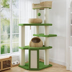 SHA CERLIN 57-Inch Cat Tree Tower for Indoor Cats, Multi-Level Cat Condo with 3 Rattan Woven Beds, Plush Platforms, Sisal Scratching Posts & Interactive Toys - Green Cat Furniture