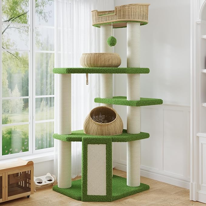SHA CERLIN 57-Inch Cat Tree Tower for Indoor Cats, Multi-Level Cat Condo with 3 Rattan Woven Beds, Plush Platforms, Sisal Scratching Posts & Interactive Toys - Green Cat Furniture