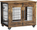 Lulive Small Dog Crate Furniture Set of 2, Dog Kennel Indoor Double Doors Wooden Dog Cage, 27' Heavy Duty Dog Crate with Cushion & Wheels, End Table Pet House Chew-Resistant Up to 30 lb, Rustic Brown