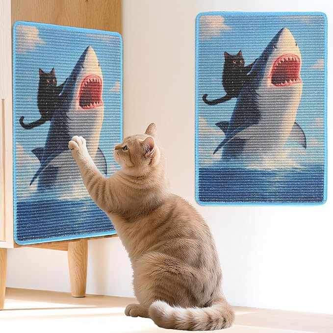 Sisal Cat Scratcher Mat, Cat Wall Scratcher for Indoor Cats, 23.6x15.7 Inch Cat Scratch Pad with Hook & Loop, Wall Mounted Cat Scratching Post to Protect Couch and Carpet（Shark）