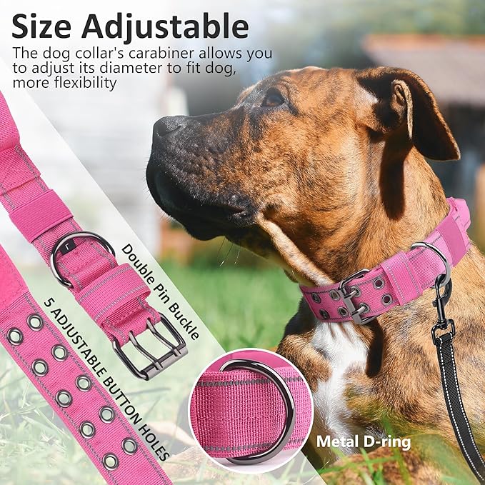 Tactical Dog Collar with Control Handle, Military Adjustable Pet Collar Reflective Heavy Metal Buckle Dog Collar, Soft Nylon Training Collar for Medium Large Dogs (Rose Red, Medium)