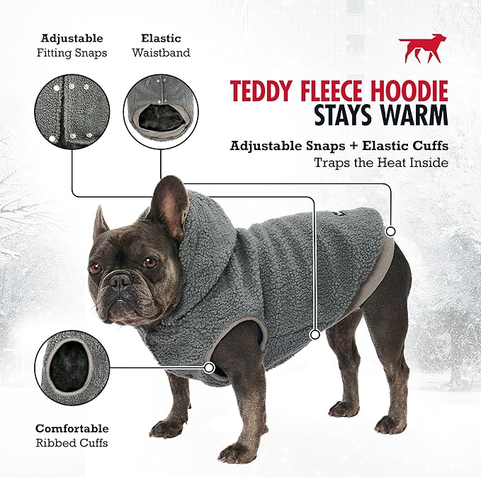 Tuff Pupper Fleece Dog Hoodie Sweater | Teddy Sherpa Outer & Soft Polar Fleece Lining | Adjustable Fit Winter Coat with Hood, Leash Hole, Ribbed Cuffs | for Small Medium Large XL XXL Dogs (Grey, XXS)