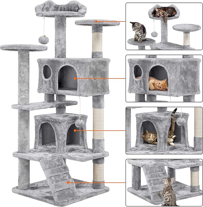 Topeakmart 54in Cat Tree, Cat Tower w/Large Cat Condo Scratching Posts and Perch, Cat Stand House Furniture, Light Gray