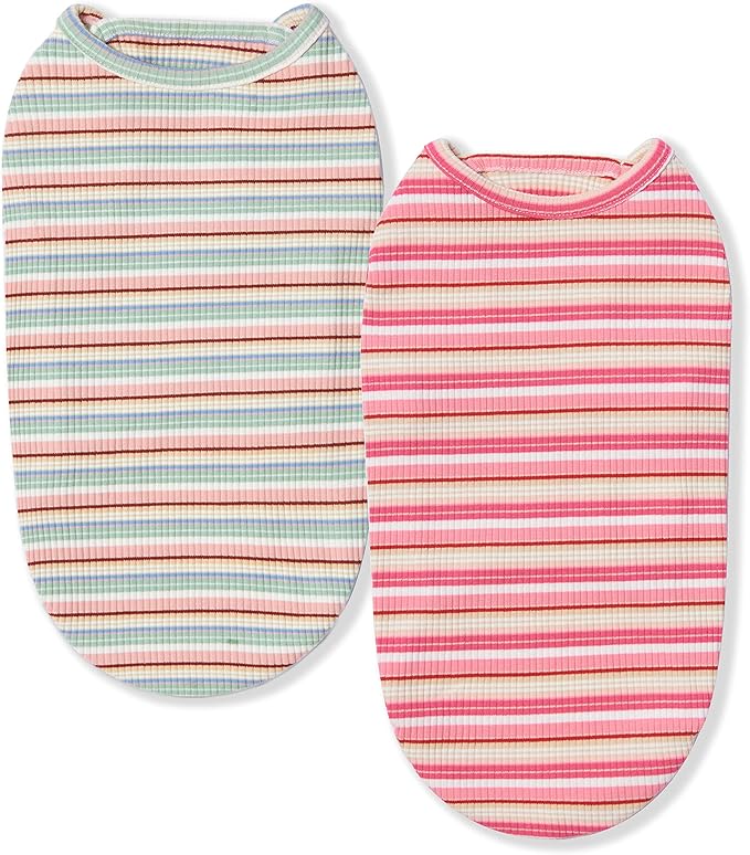 Dog Shirts Vest Cotton Striped T-Shirt, Sleeveless Stretchy Pet Clothes for Small Dogs, 2-Pack Soft Breathable Puppy Tank Top Cat Tee (XX-Large, Pink,Rose)