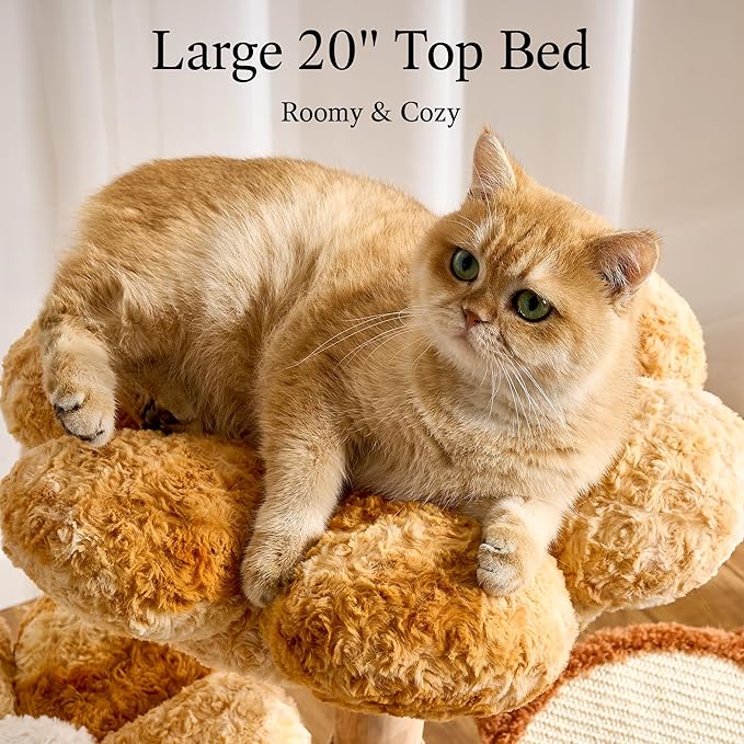 797Audio Natural Wood Flower Cat Tree, Modern Cat Tower with Real Solid Wood Branch, Luxury Aesthetic Cat Tree with Scratching Post,Scratch Pad,Cat Tree Tower for Indoor Large Adult Cats,Autumn Yellow