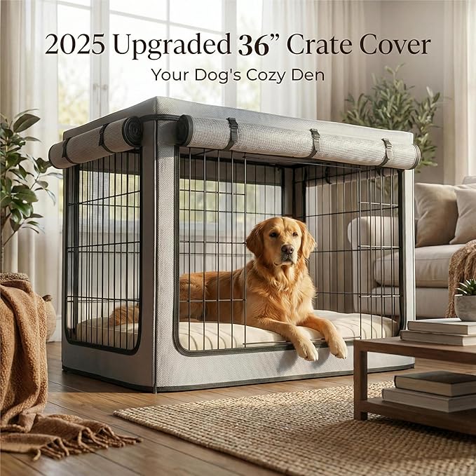 36 inch Dog Crate Cover, Heavy Duty 1680D Waterproof Oxford Cloth with Breathable Mesh & Detachable Sunshade, Universal Fit for Wire Crates, Dog Cage Cover All-Weather Indoor Outdoor Use.