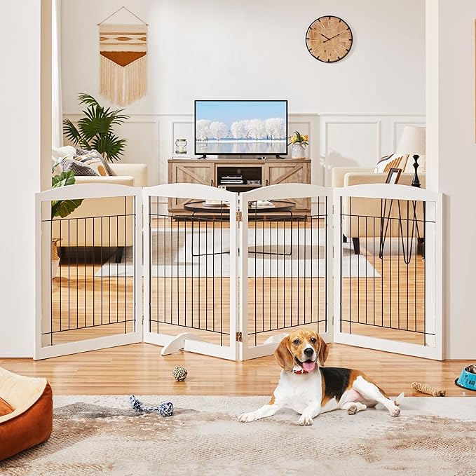 Yaheetech 32-inch Tall Dog Gate Extra Wide Pet Gate for Dogs Indoor Foldable Wire & Wooden Puppy Safety Fence w/2 Support Feet,Freestanding Dog Gate for The House, Doorway, Stairs(White,4 Panels)