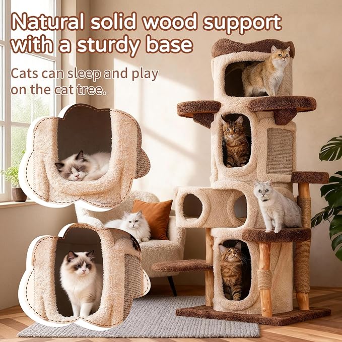 RPZ Cat Tree Tower for Large Cats, 69” Tall Heavy Duty Modern Cat Tower with Natural Wood Trunks, Multi-Level Cat Condo & Scratching Tower, Brown Cat Tree for Indoor Cats to Play and Sleep
