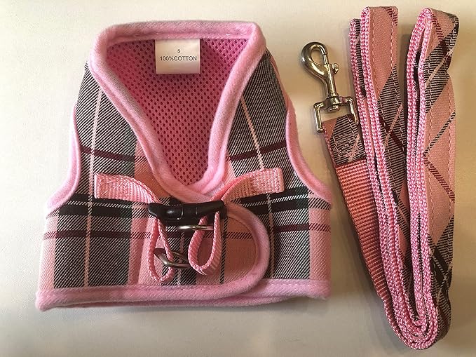 PUPTECK Soft Mesh Dog Harness and Leash Set Step-in Plaid Puppy Padded No Pull Vest Harness for XS Small Medium Sized Dogs Cats Outdoor Walking, Pink S
