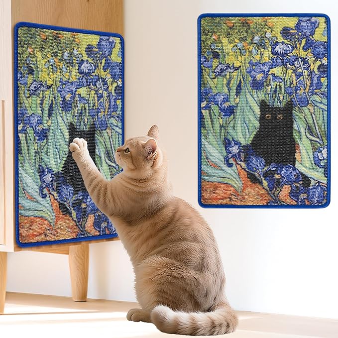 Sisal Cat Scratcher Mat, Cat Wall Scratcher for Indoor Cats, 23.6x15.7 Inch Cat Scratch Pad with Hook & Loop, Wall Mounted Cat Scratching Post to Protect Couch and Carpet（Irises）