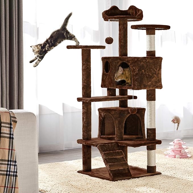 Topeakmart 54in Cat Tree, Cat Tower w/Large Cat Condo Scratching Posts and Perch, Cat Stand House Furniture, Brown