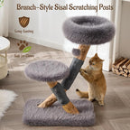33" Modern Cat Tree for Indoor Cats, Aesthetic Natural Wood Cat Tower with Branch-Style Scratching Posts, Luxury Plush Faux Fur Cat Bed with Natural Loft, Perch & Hanging Ball, Almond Khaki