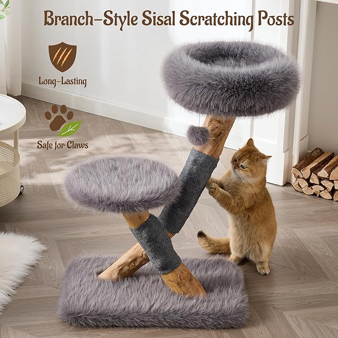 33" Modern Cat Tree for Indoor Cats, Aesthetic Natural Wood Cat Tower with Branch-Style Scratching Posts, Luxury Plush Faux Fur Cat Bed with Natural Loft, Perch & Hanging Ball, Almond Khaki