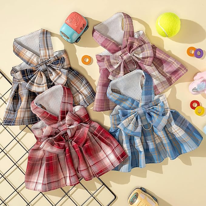 4 Pcs Cute Plaid Dog Dress Set with Bow Tie Harness & Leash for Small Dogs, Puppy Clothes for Girls Outfits(Xs,Dark Color)