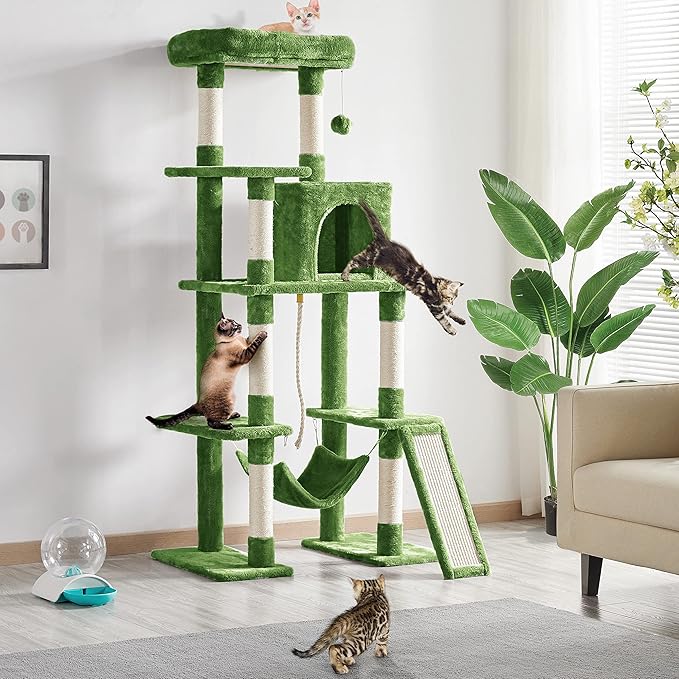 Topeakmart 63in Cat Tree Cat Climbing Tower, Cat Activity Center w/Scratching Post Cozy Condo House Spacious Platform for Indoor Cats, Green