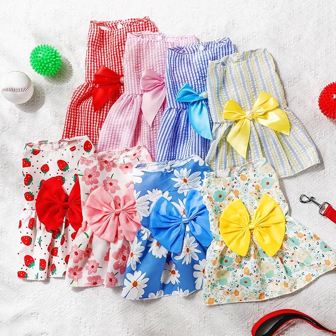 Sanwuta 8 Pieces Dog Bowknot Dresses Puppy Clothes Outfits Princess Dresses Soft Lightweight Summer Fruit Floral Pattern Pet Skirts for Girl Puppy(Small)