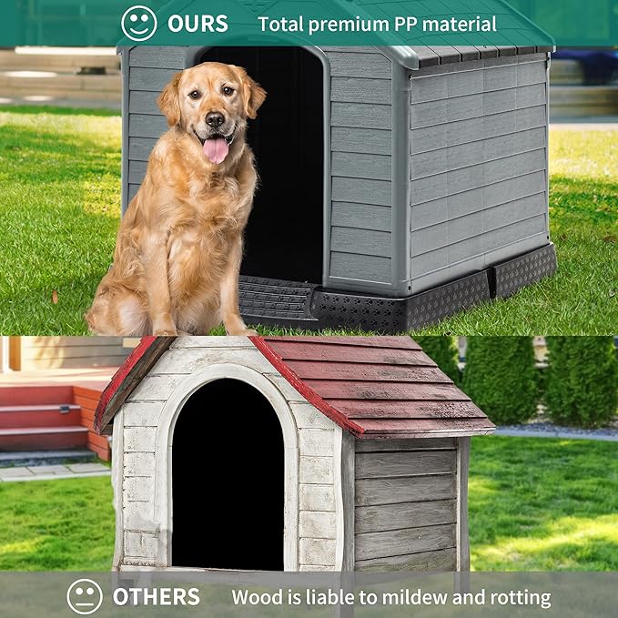 YITAHOME Plastic Dog House, Waterproof Indoor Outdoor Doghouse for Large or Small Dog, with Air Vents and Elevated Floor, Easy Assemble and Clean